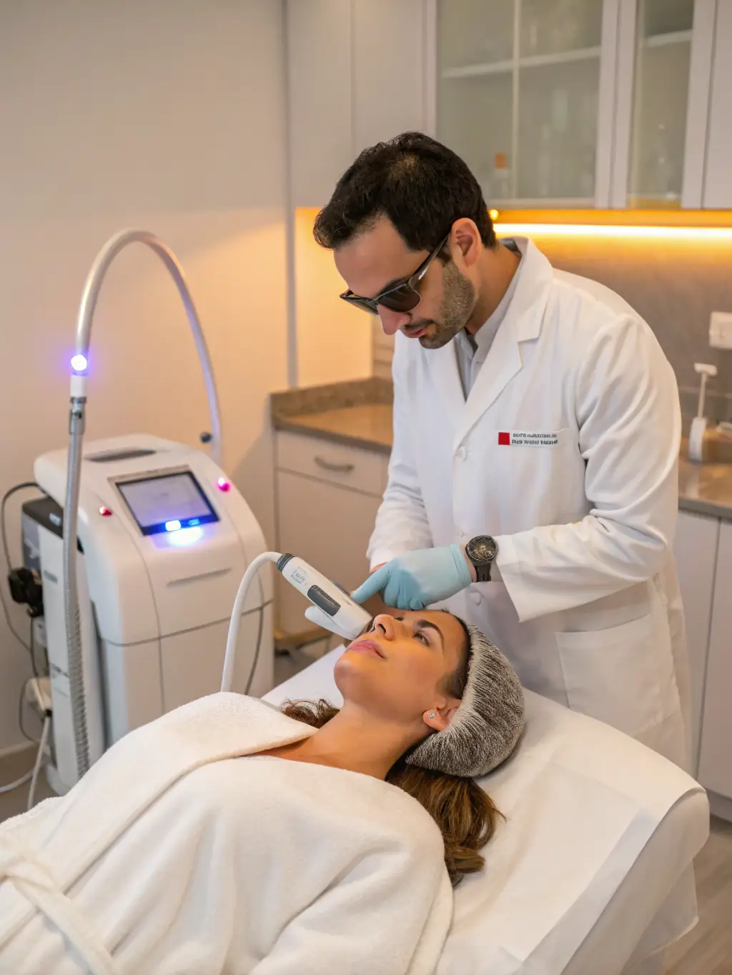 A technician performing laser hair removal on a patient, demonstrating the laser therapy services provided at Ferdows Medical Center.