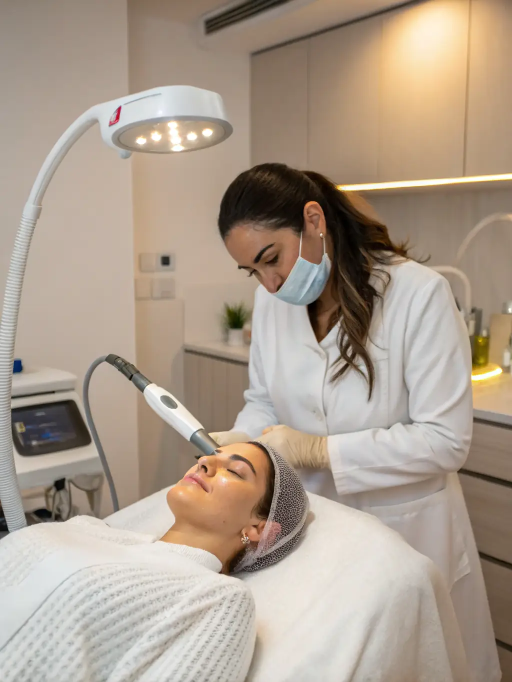 A patient undergoing laser treatment with a professional technician operating advanced laser equipment, demonstrating the Laser Therapy services at Ferdows Medical Center.