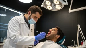 Dentist examining a male patient’s mouth in a modern dental clinic using medical instruments.