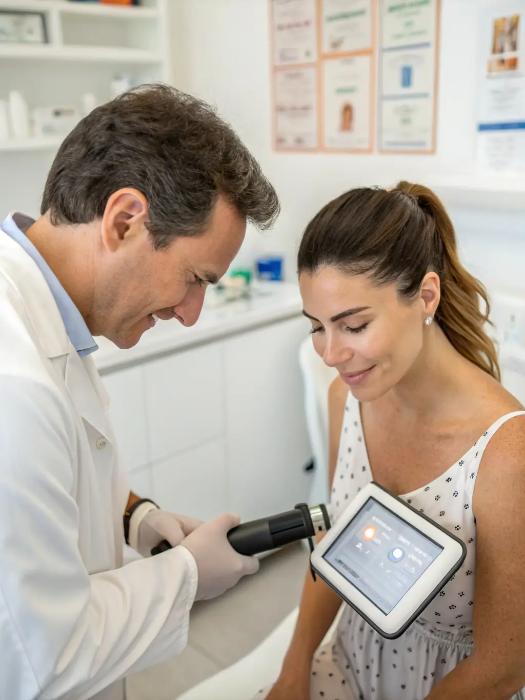 A dermatologist examining a patient's skin with specialized equipment, highlighting the dermatology treatments available at Ferdows Medical Center.