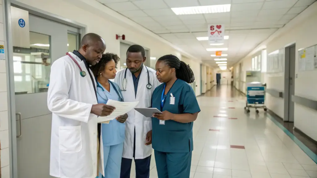 Medical staff reviewing patient information in a clinic corridor