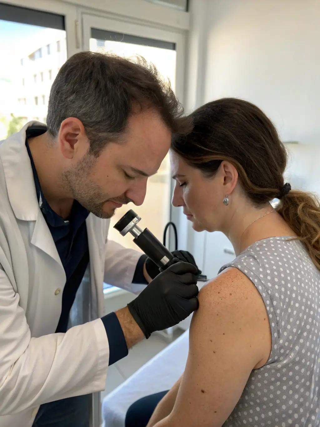 A dermatologist examining a patient's skin with a bright, modern clinic background, highlighting the Dermatology Treatments available at Ferdows Medical Center.