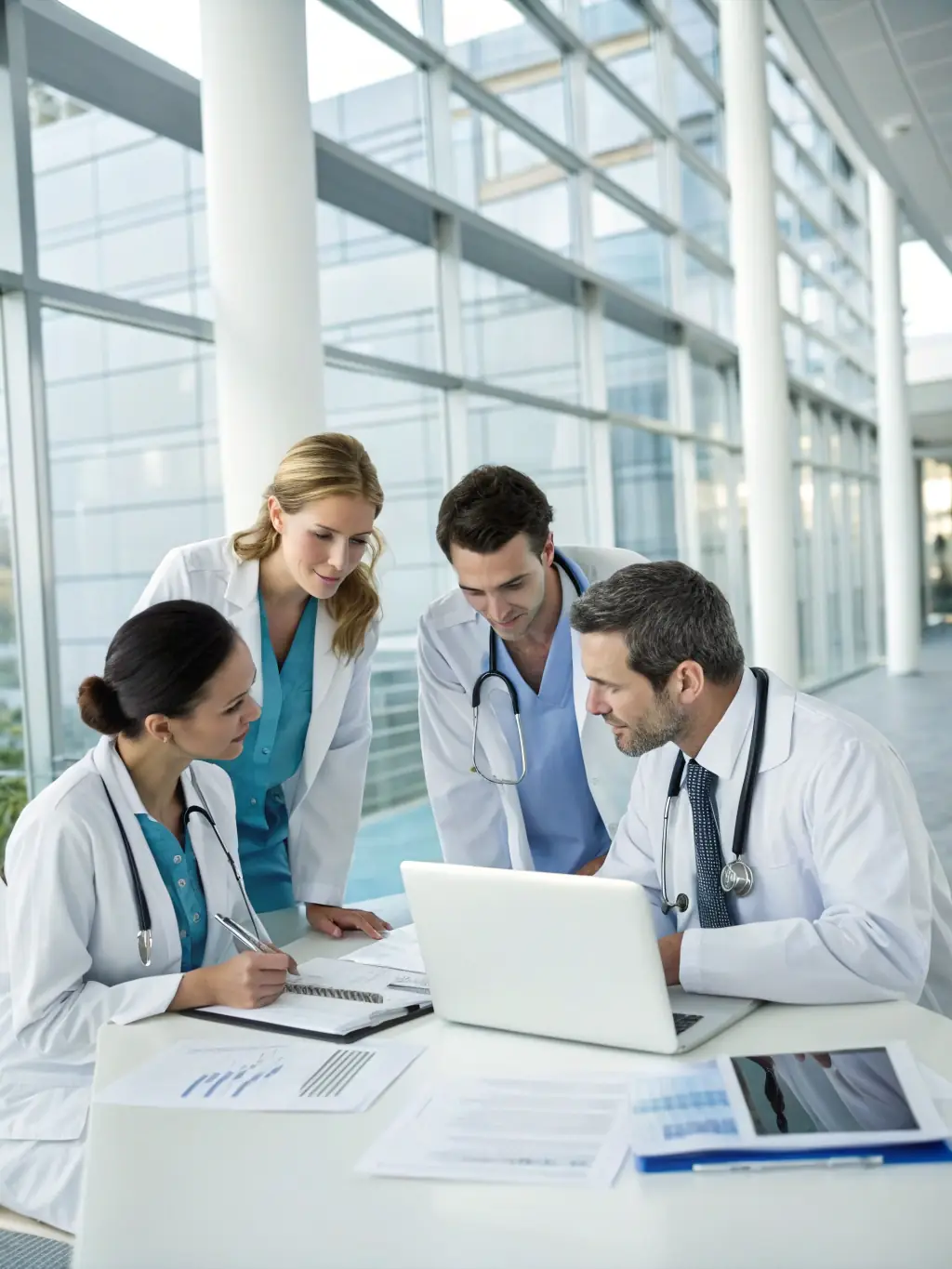 A diverse team of medical professionals consulting and collaborating in a modern, well-lit medical office, representing the collaborative and comprehensive care approach at Ferdows Medical Center.