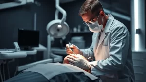 Clinician performing a medical procedure under examination light