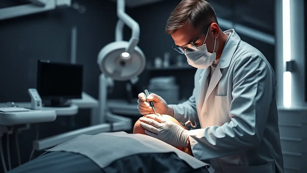 Clinician performing a medical procedure under examination light