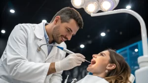 Dentist examining a patient’s mouth during a dental visit