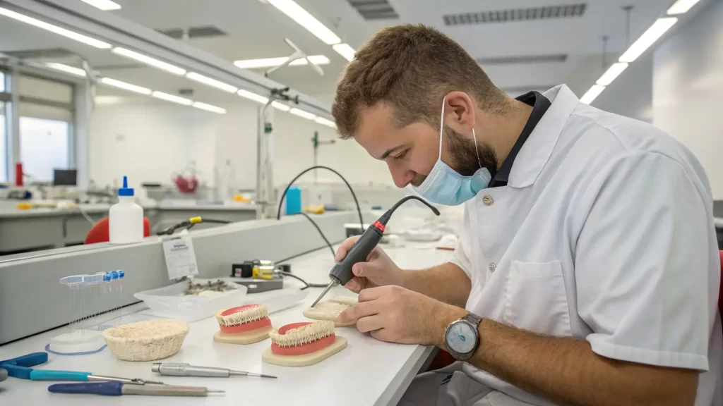 Dental technician working on a dental model in a laboratory
