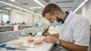 Dental technician working on a dental model in a laboratory