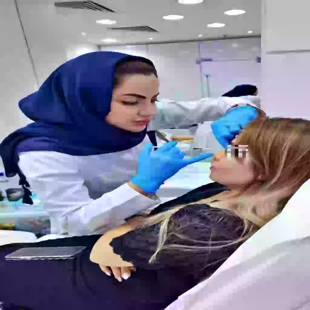 Dr. Asma giving botox treatment procedure for a patient in the background of ferdows medical center