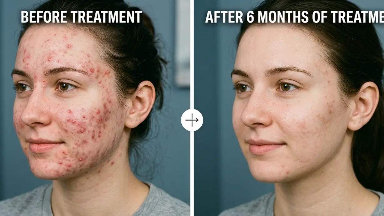 image of lthe face of lady showing before and after acne treatment