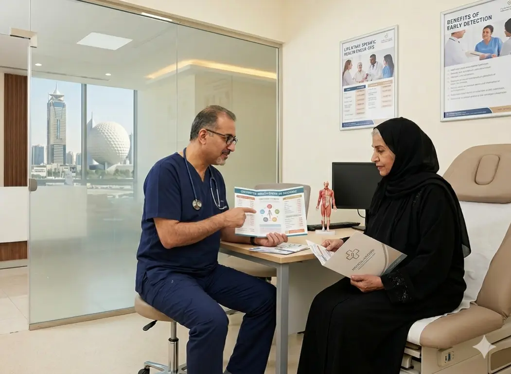 Doctor explaining the benefits of health check up with a flyer in hand to the patient