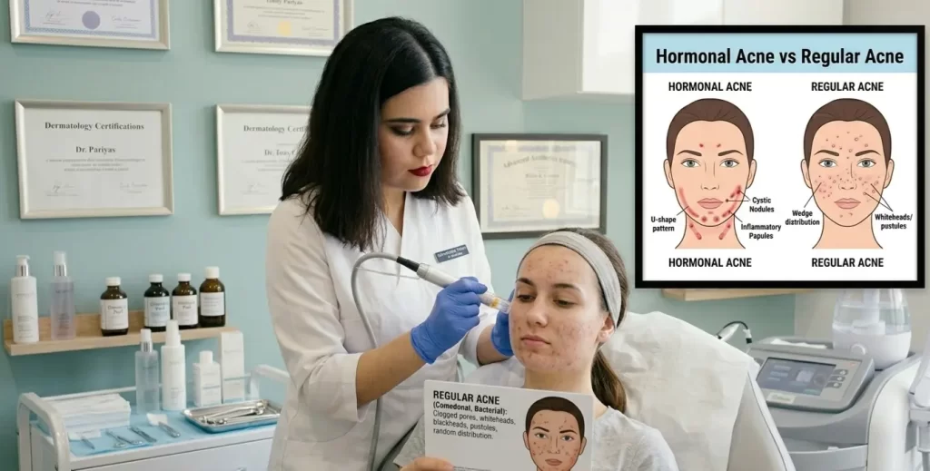 Dr. Pariya on Acne treatment producedure for a patient in the back ground of a medical center with hoarding of Hormonal-Vx-Regular-Acne