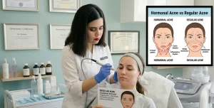 Dr. Pariya on Acne treatment producedure for a patient in the back ground of a medical center with hoarding of Hormonal-Vx-Regular-Acne