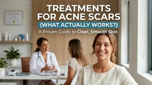 Image acne scar treatment mentioned on the image along side a doctor giving advice to the patient