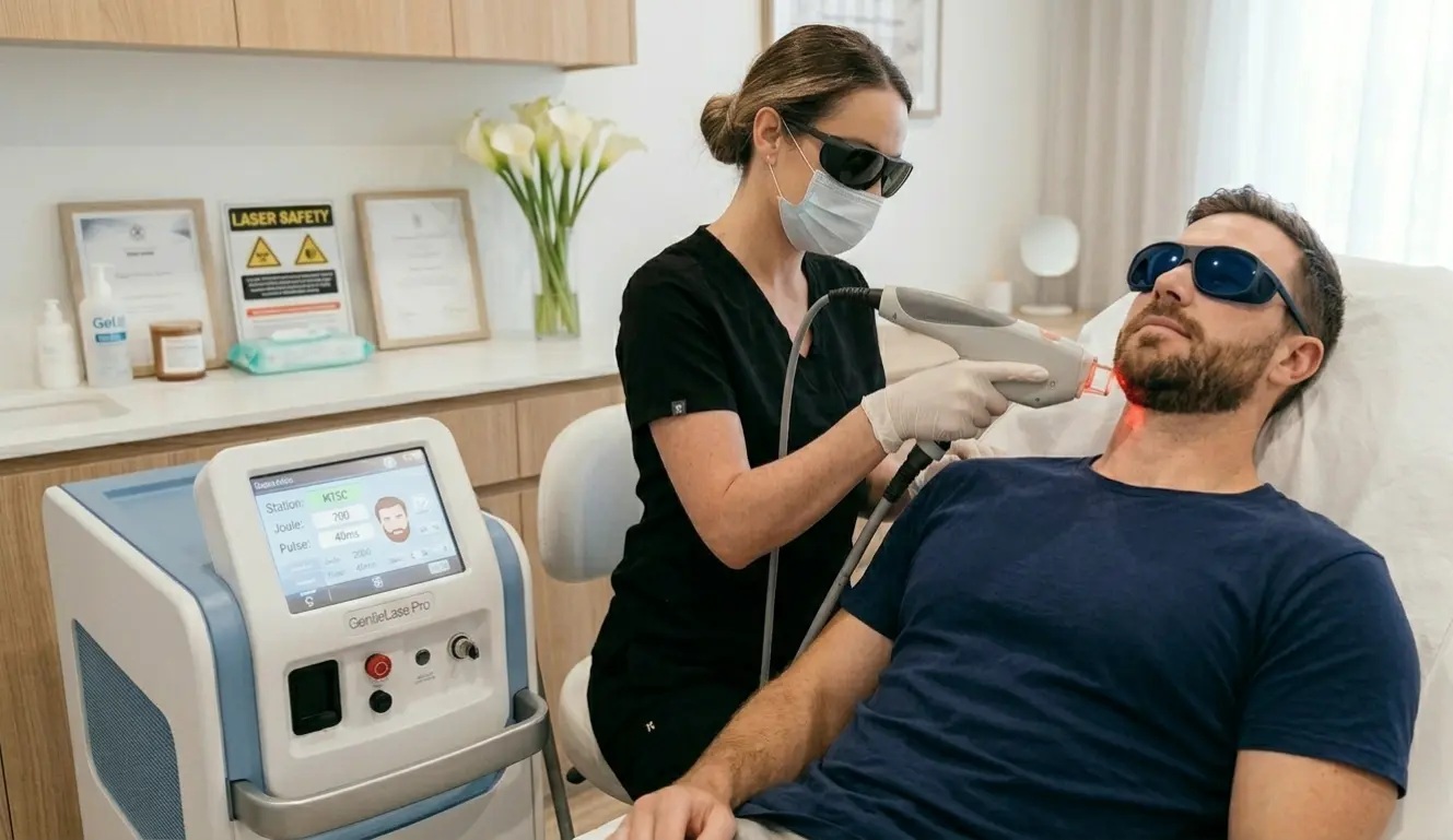 A patient receiving laser hair removal from a laser technician in the back grounf of a laser hair removal clinic