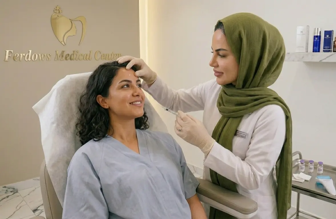 Dr. Asma in middle of Botx Treatment with patient in the background of Ferdows Medical Center