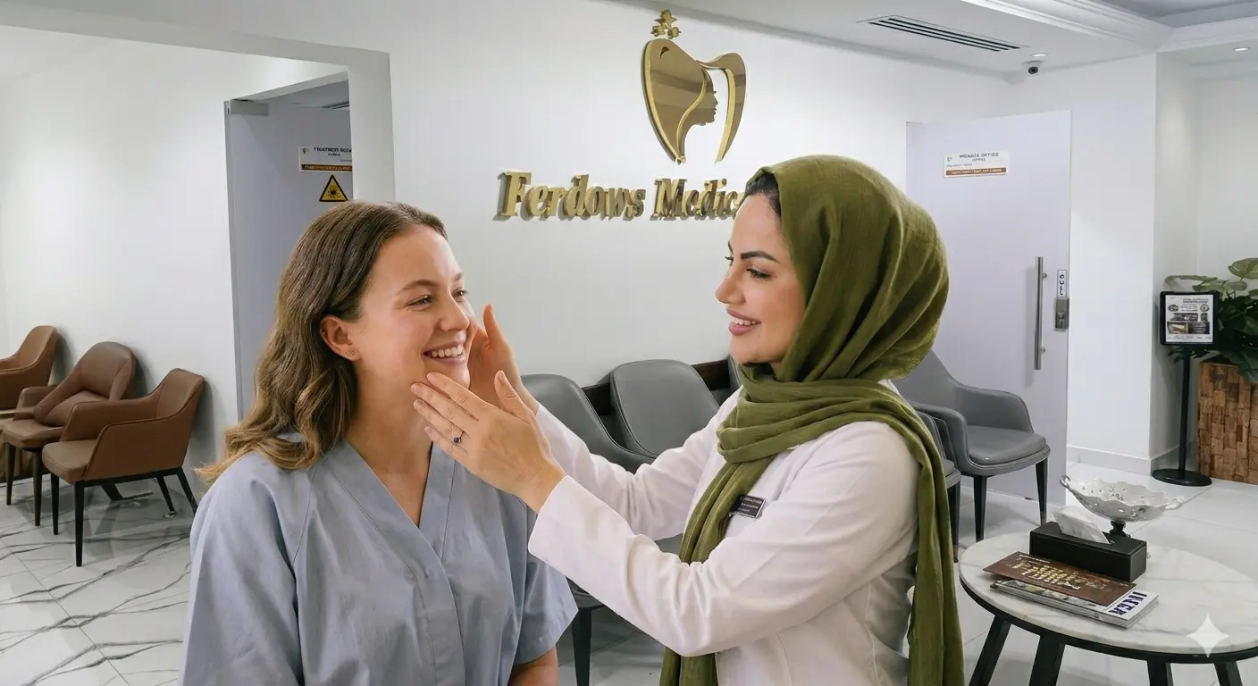 Dr. Asma with patient in the background of ferdows medical center