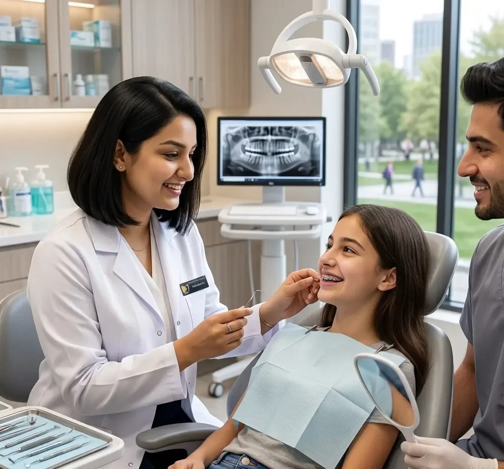 Dr. Rithika in the middle of orthodontic treatment with a patient and nurse is assisting her in the back ground of medical center with Digital Xray