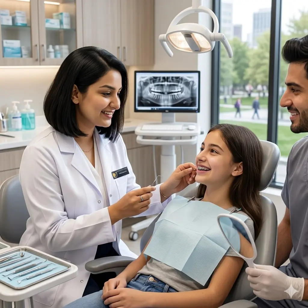 Dr. Rithika in the middle of orthodontic treatment with a patient and nurse is assisting her in the back ground of medical center with Digital Xray