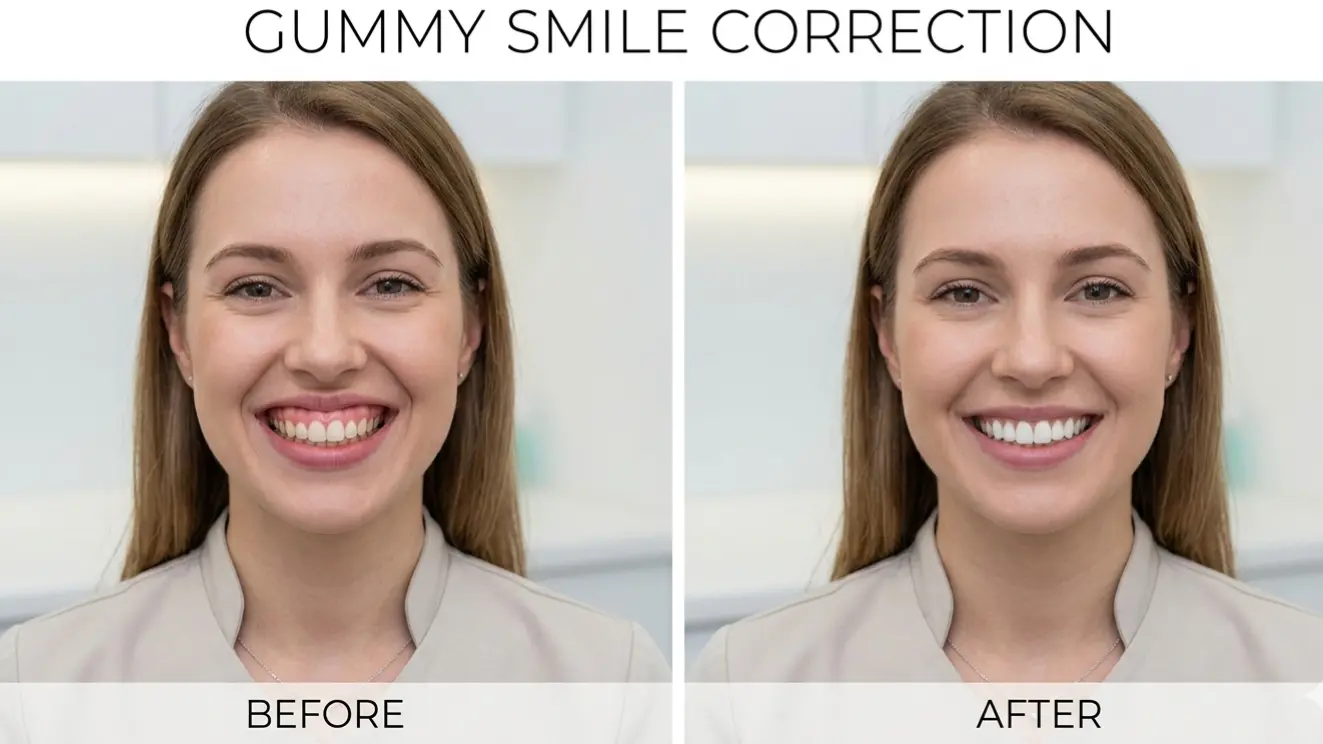 Image of a before and after section of Gummy Smile Correction of female patient