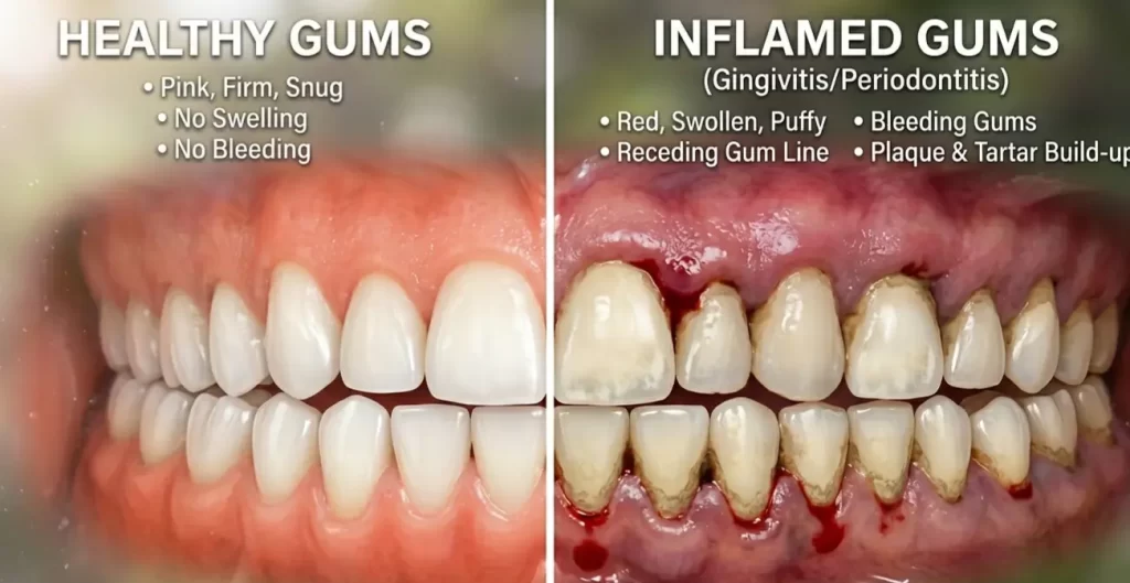 Showing image of Healthy and Inflamed Gums with texts