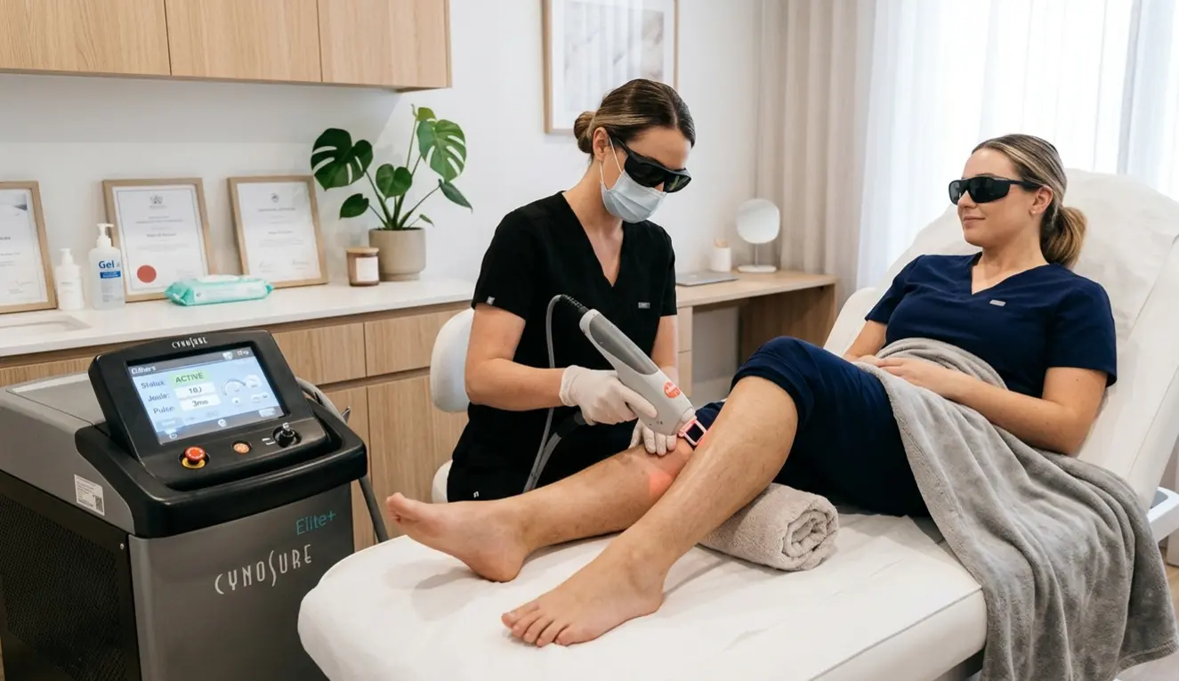 A patient receiving laser hair removal for leg