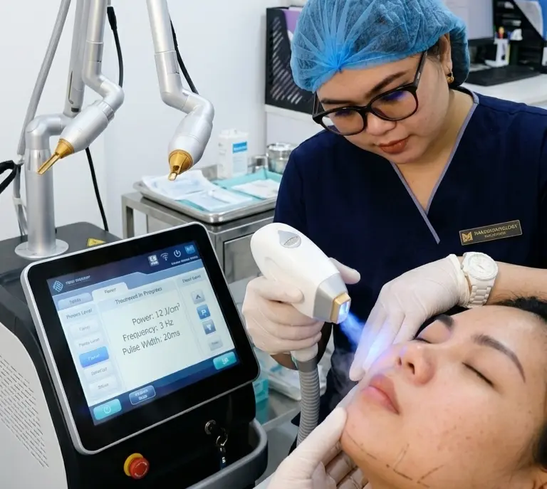 Laser technician from ferdows giving laer hair removal treatment for a patient