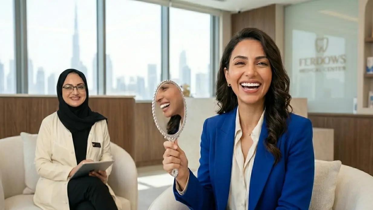 Dr. Zohreh and patient give a pose after a smile makeover section at ferdows medical center