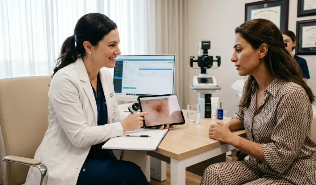 A dermatology consulation doctor with patient