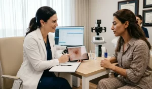 A dermatology consulation doctor with patient
