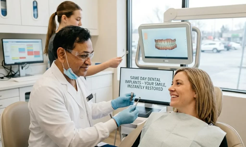 Dr. Sanjay in middle of a dental implant procedure with patient and in the background of Medical center with a nurse assting the doctor