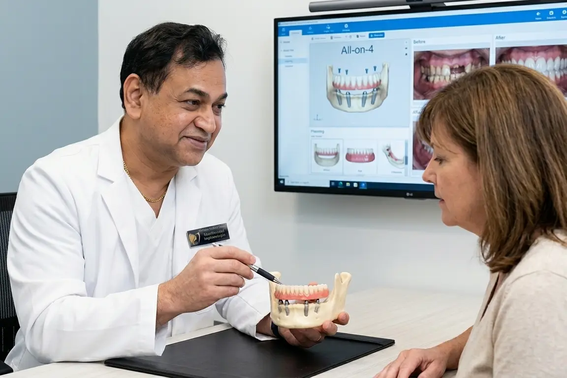 Dr. Sanjay explains All on 4 dental implants to a patient. back ground led screen showing all on 4 implant