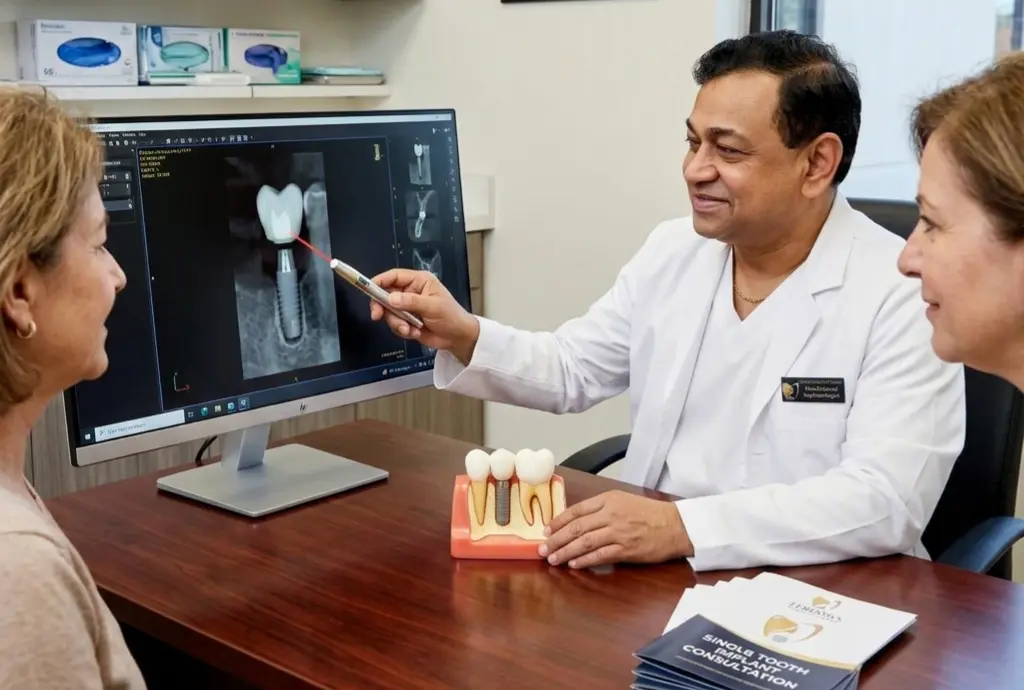 Dr. Sanjay Kar explaining single tooth implant procedure to 2 patients with the help of Digital xray