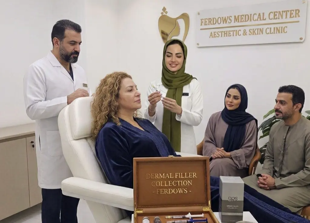 Dr. Asma performing a dermal filler procedure at Ferdows Medical Center