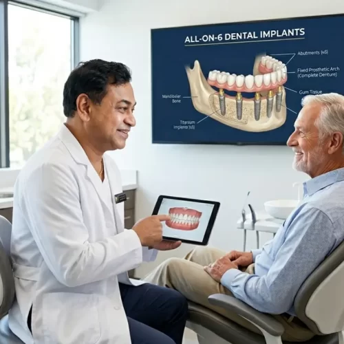 Dr. Sanjay explaining about all on 6 dental implants to the patient in the background of clinic with all on 6 dental implant image on the wall